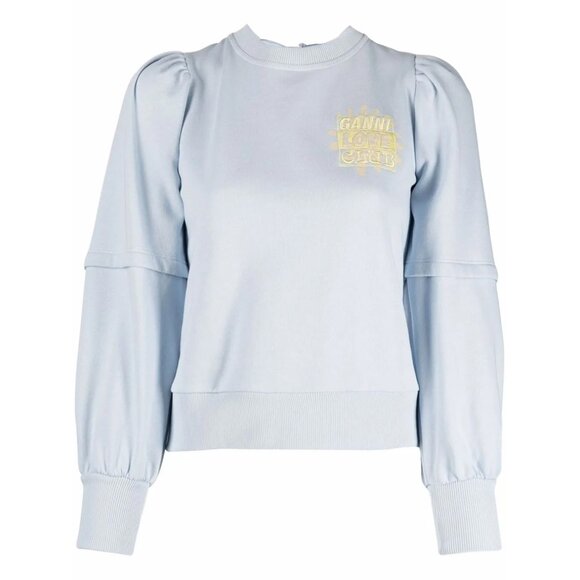 Ganni Isoli Bow Open Back Puff Sleeve Organic Cotton Sweatshirt XS Blue $215 - Picture 2 of 16